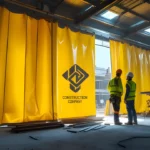 industrial-vinyl-curtain-with-company-logo-used-as-a-temporary-wall-for-a-construction-site