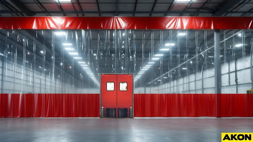 warehouse divider curtain with swinging door entry